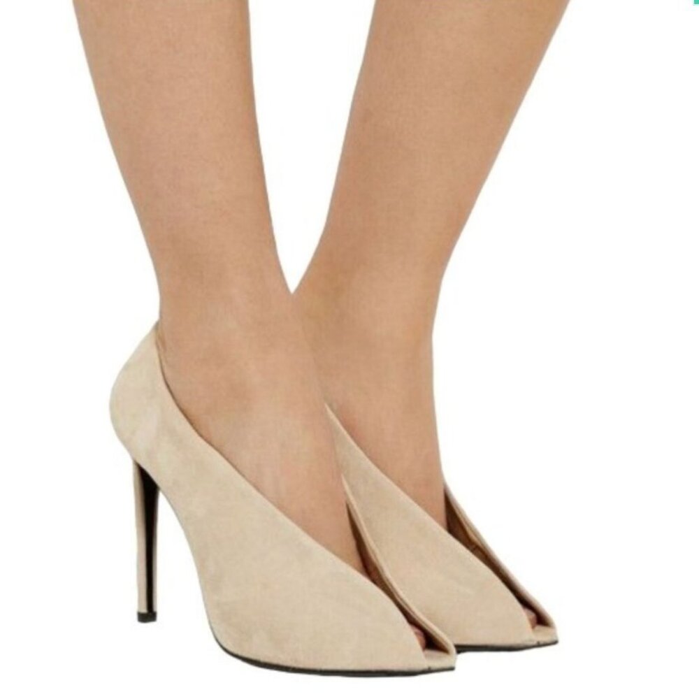 BALENCIAGA Split Vamp Stiletto Pumps 36 6 Booties Peep Toe Suede Neutral Beige